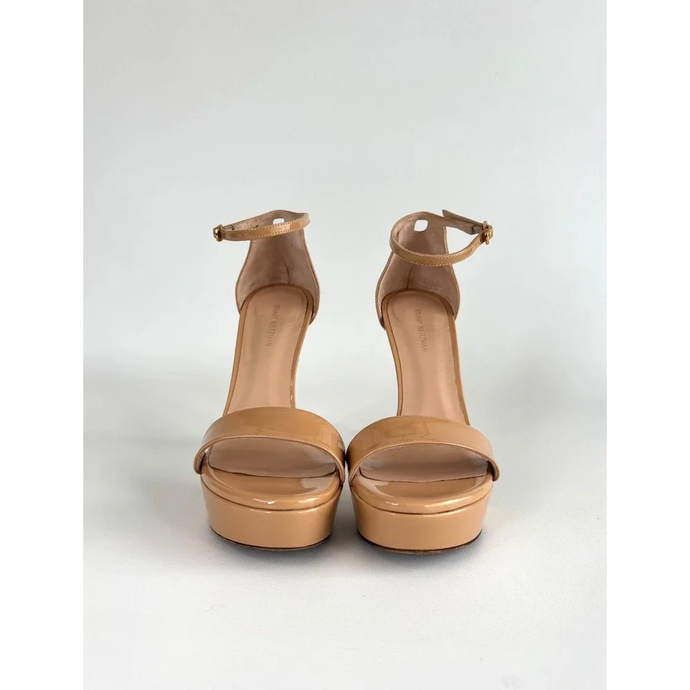 Stuart Weitzman Nude Patent Leather Platform Ankle Strap Sandals Heels Size 7.5